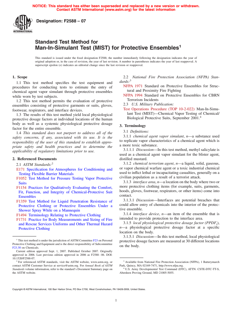 ASTM F2588-07 - Standard Test Method for Man-In-Simulant Test (MIST) for Protective Ensembles