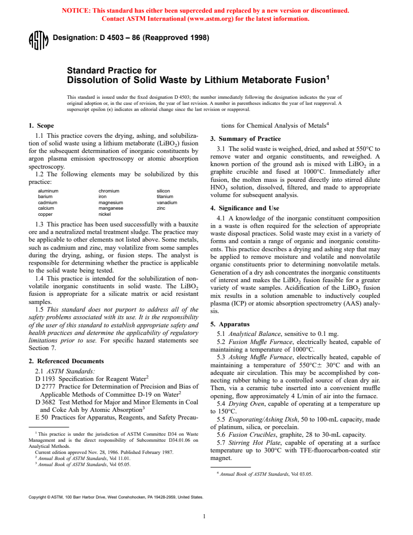 ASTM D4503-86(1998) - Standard Practice for Dissolution of Solid Waste by Lithium Metaborate Fusion