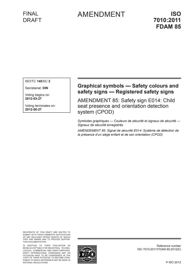 ISO 7010:2011/FDAmd 85 - Safety sign E014: Child seat presence and orientation detection system (CPOD)