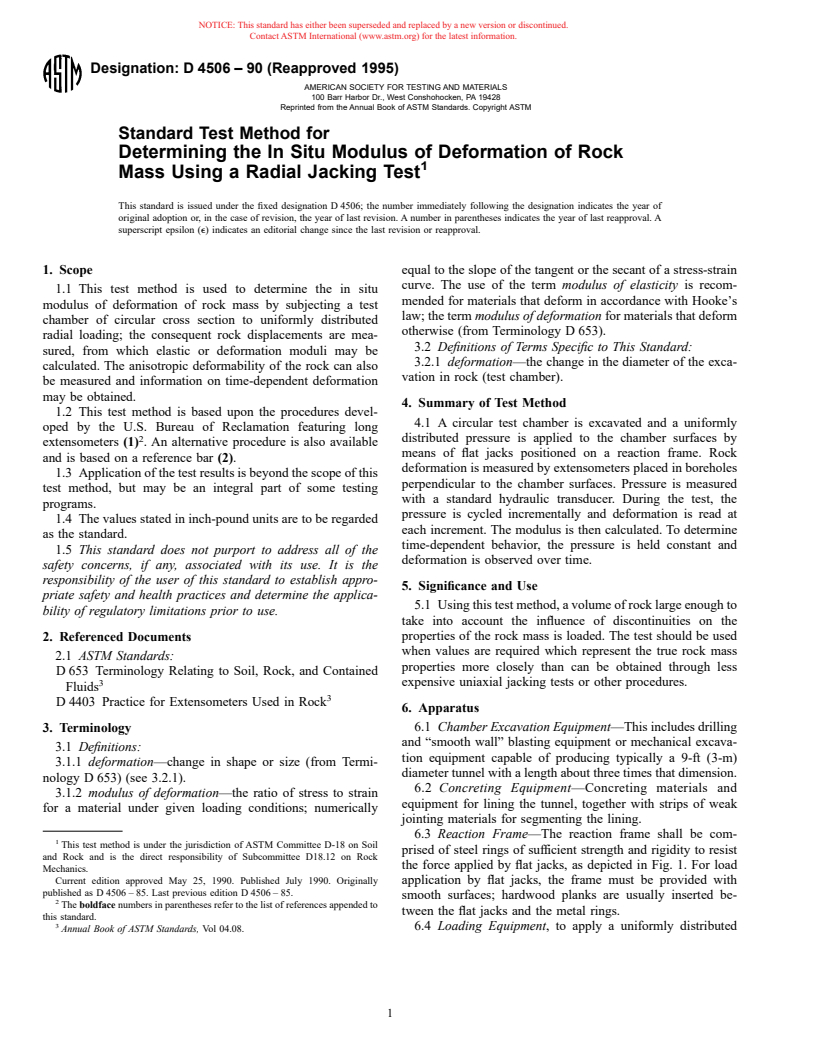 ASTM D4506-90(1995) - Standard Test Method for Determining the In Situ Modulus of Deformation of Rock Mass Using a Radial Jacking Test