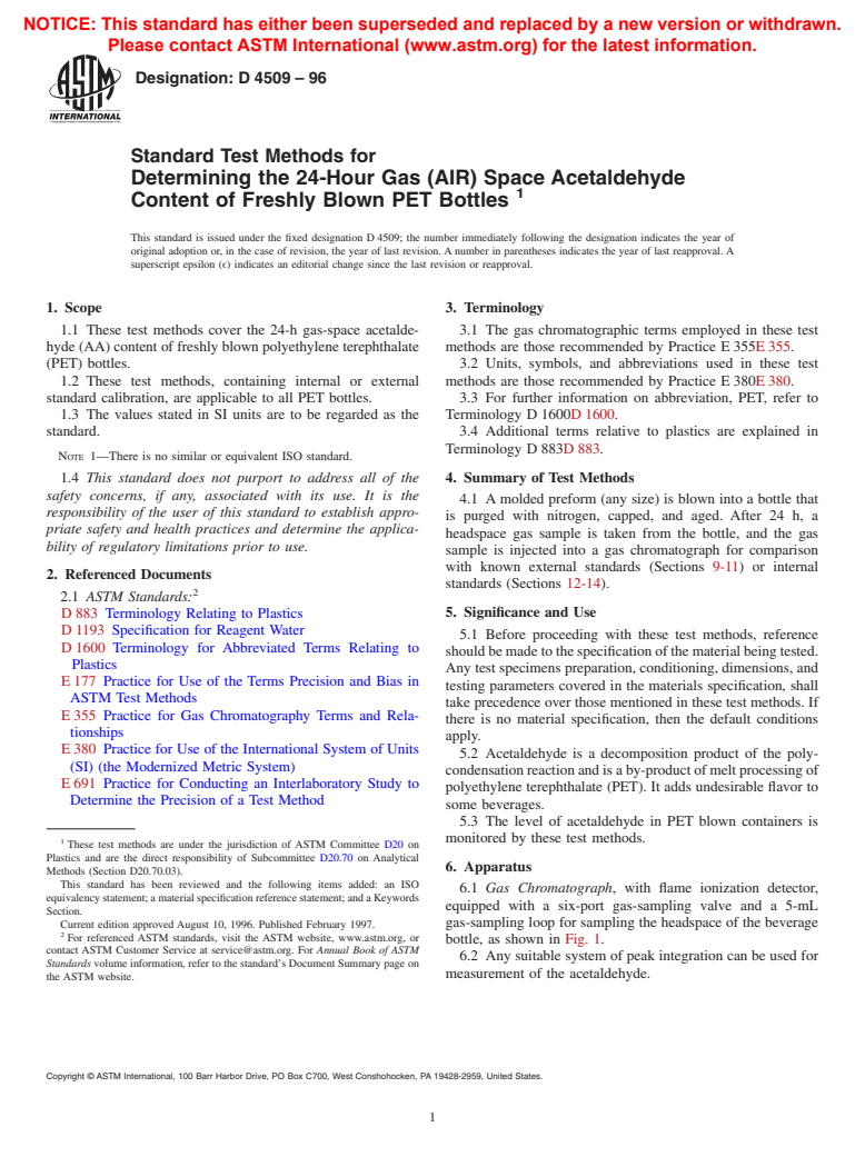 ASTM D4509-96 - Standard Test Methods for Determining the 24-Hour Gas (AIR) Space Acetaldehyde Content of Freshly Blown PET Bottles (Withdrawn 2005)