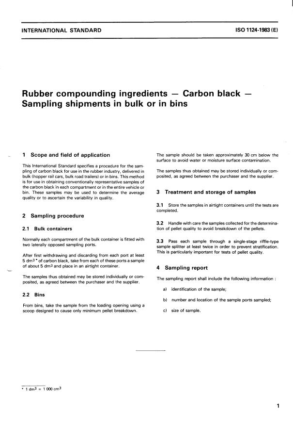 ISO 1124:1983 - Rubber compounding ingredients -- Carbon black -- Sampling shipments in bulk or in bins