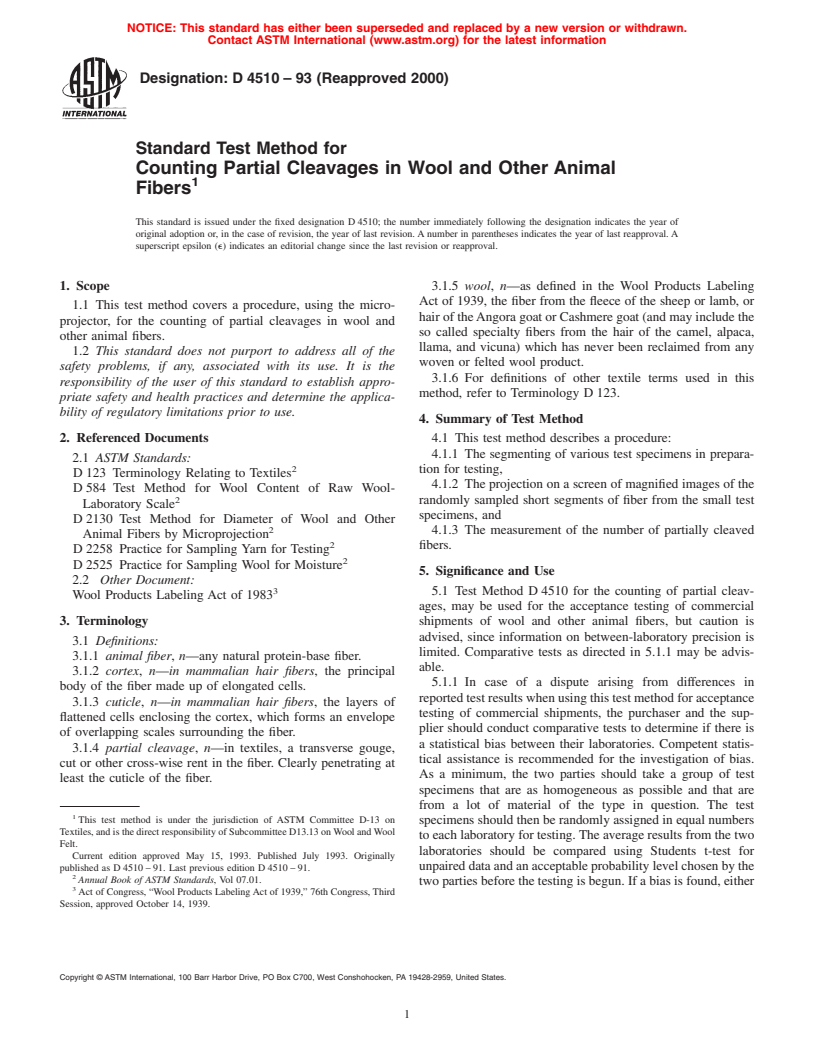 ASTM D4510-93(2000) - Standard Test Method for Counting Particle Cleavages in Wool and Other Animal Fibers