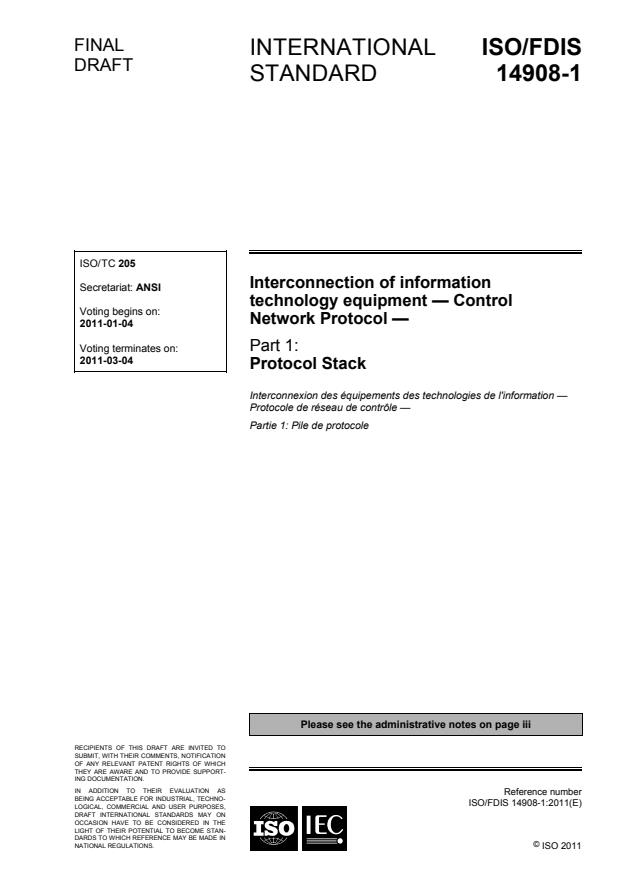 ISO/FDIS 14908-1 - Interconnection of information technology equipment -- Control Network Protocol