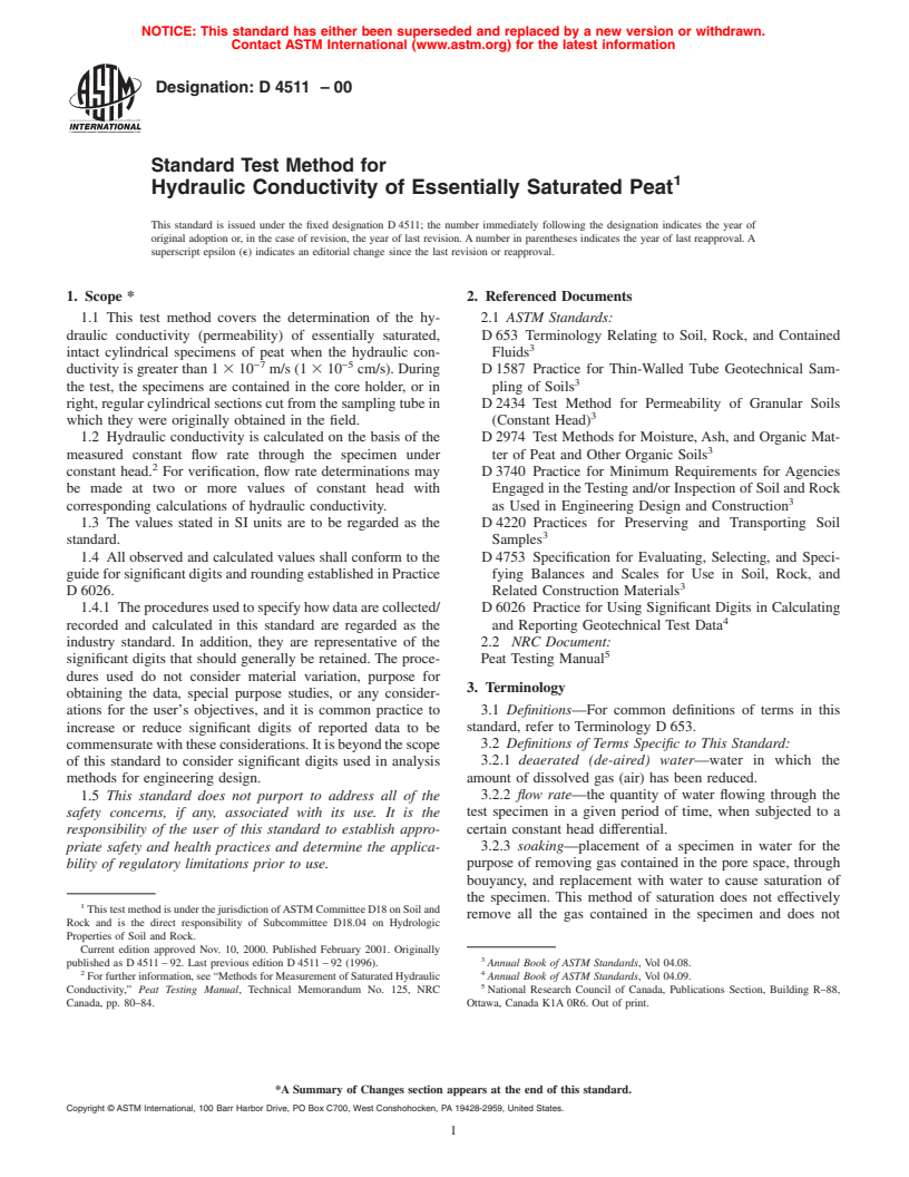 ASTM D4511-00 - Standard Test Method for Hydraulic Conductivity of Essentially Saturated Peat