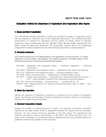 ISO 16374:2016 - Evaluation method for cleanliness of magnesium and magnesium alloy ingots