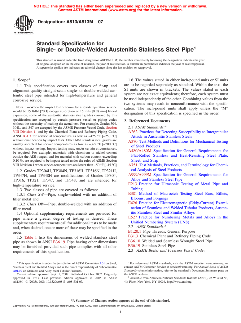 ASTM A813/A813M-07 - Standard Specification for Single- or Double-Welded Austenitic Stainless Steel Pipe