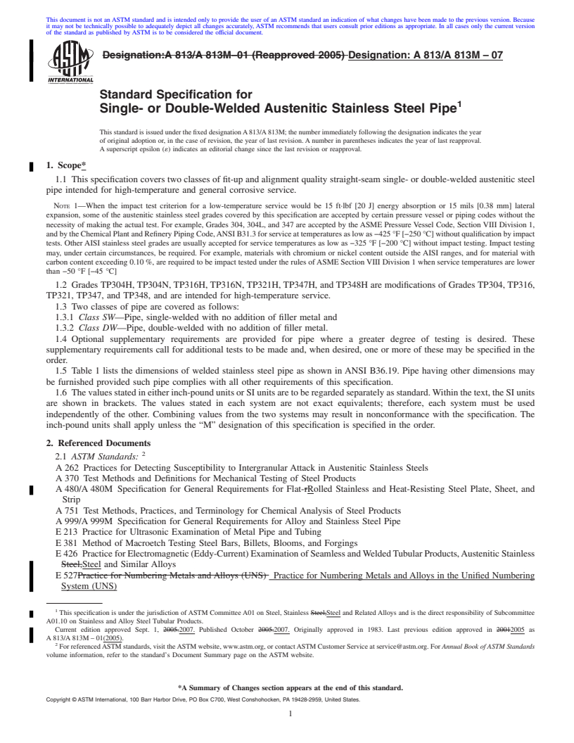 REDLINE ASTM A813/A813M-07 - Standard Specification for Single- or Double-Welded Austenitic Stainless Steel Pipe