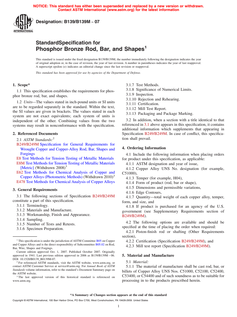 ASTM B139/B139M-07 - Standard Specification for Phosphor Bronze Rod, Bar, and Shapes