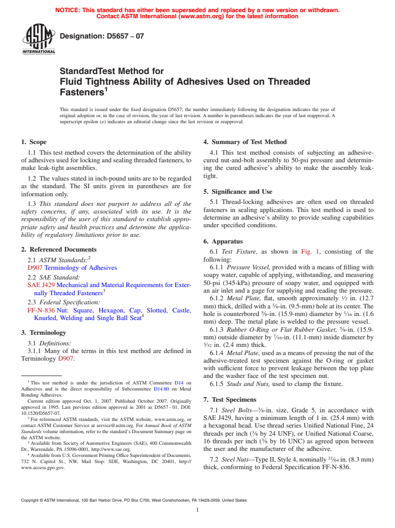 ASTM D5657-07 - Standard Test Method for Fluid Tightness Ability of Adhesives Used on Threaded Fasteners