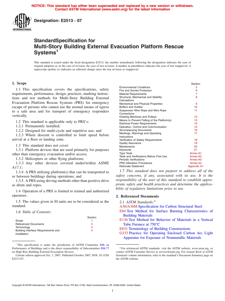 ASTM E2513-07 - Standard Specification for Multi-Story Building External Evacuation Platform Rescue Systems