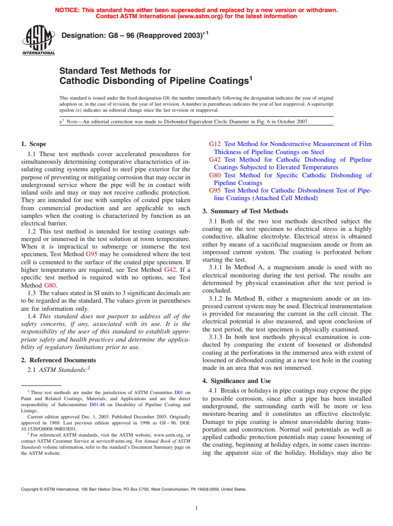 ASTM G8-96(2003)e1 - Standard Test Methods for Cathodic Disbonding of Pipeline Coatings