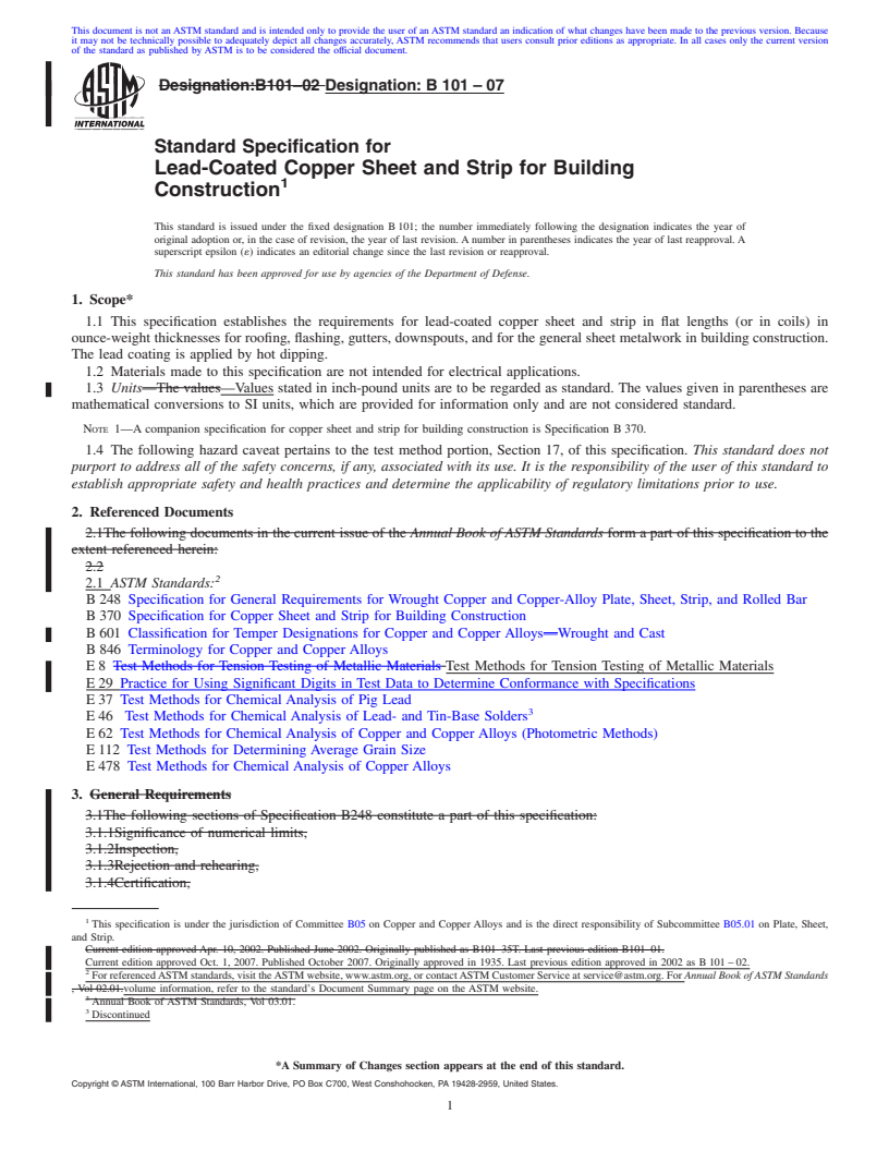 REDLINE ASTM B101-07 - Standard Specification for Lead-Coated Copper Sheet and Strip for Building Construction