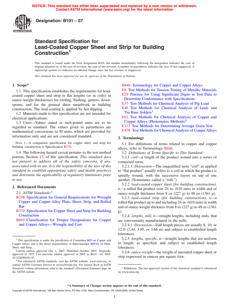 ASTM B101-07 - Standard Specification for Lead-Coated Copper Sheet and Strip for Building Construction
