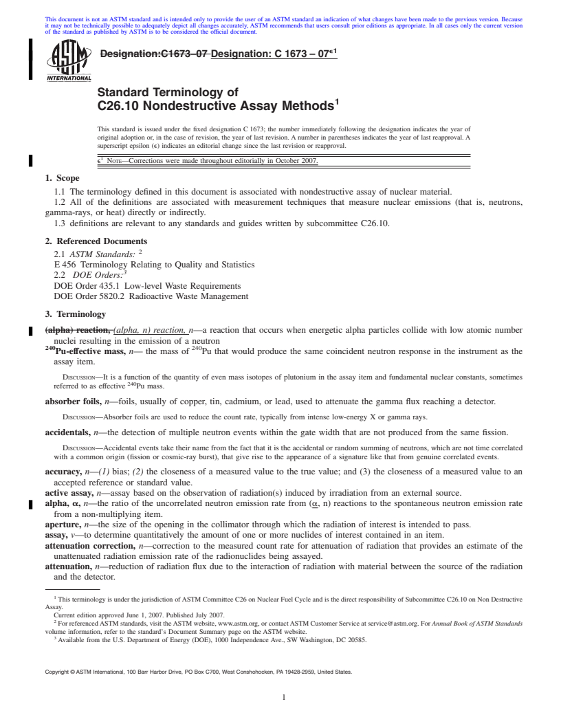 REDLINE ASTM C1673-07e1 - Standard Terminology of C26.10 Nondestructive Assay Methods