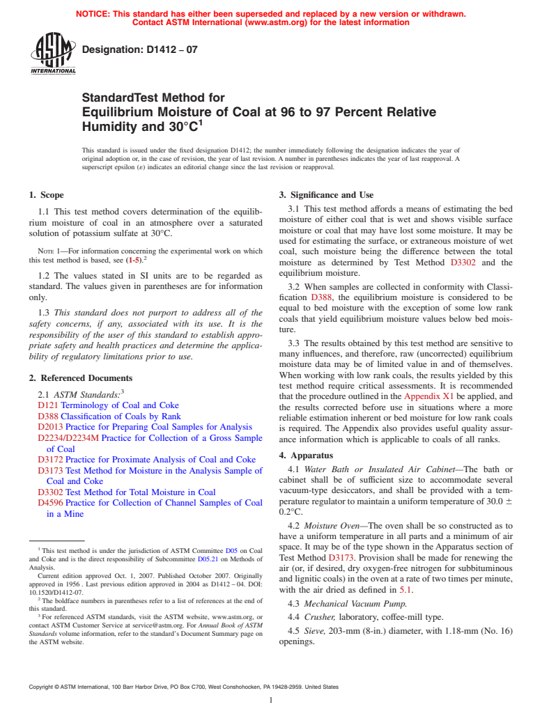 ASTM D1412-07 - Standard Test Method for Equilibrium Moisture of Coal at 96 to 97 Percent Relative Humidity and 30&#176;C