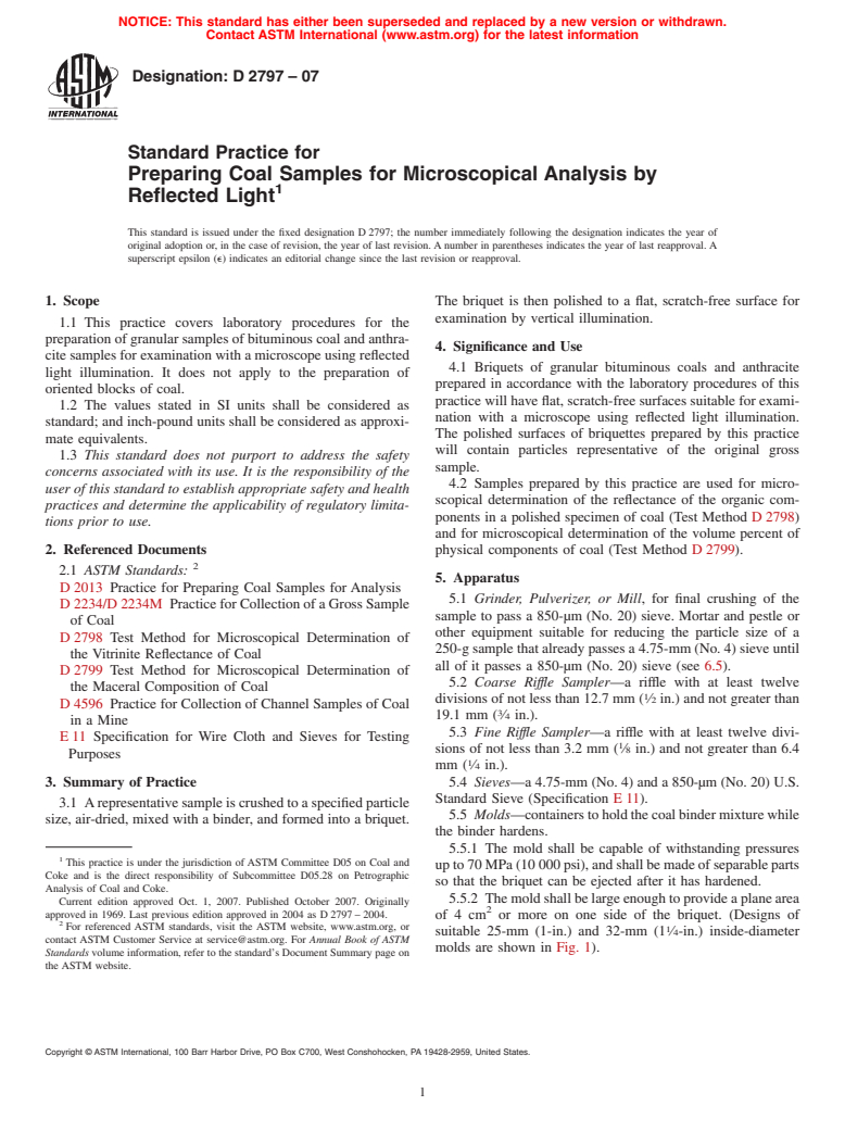 ASTM D2797-07 - Standard Practice for Preparing Coal Samples for Microscopical Analysis by Reflected Light