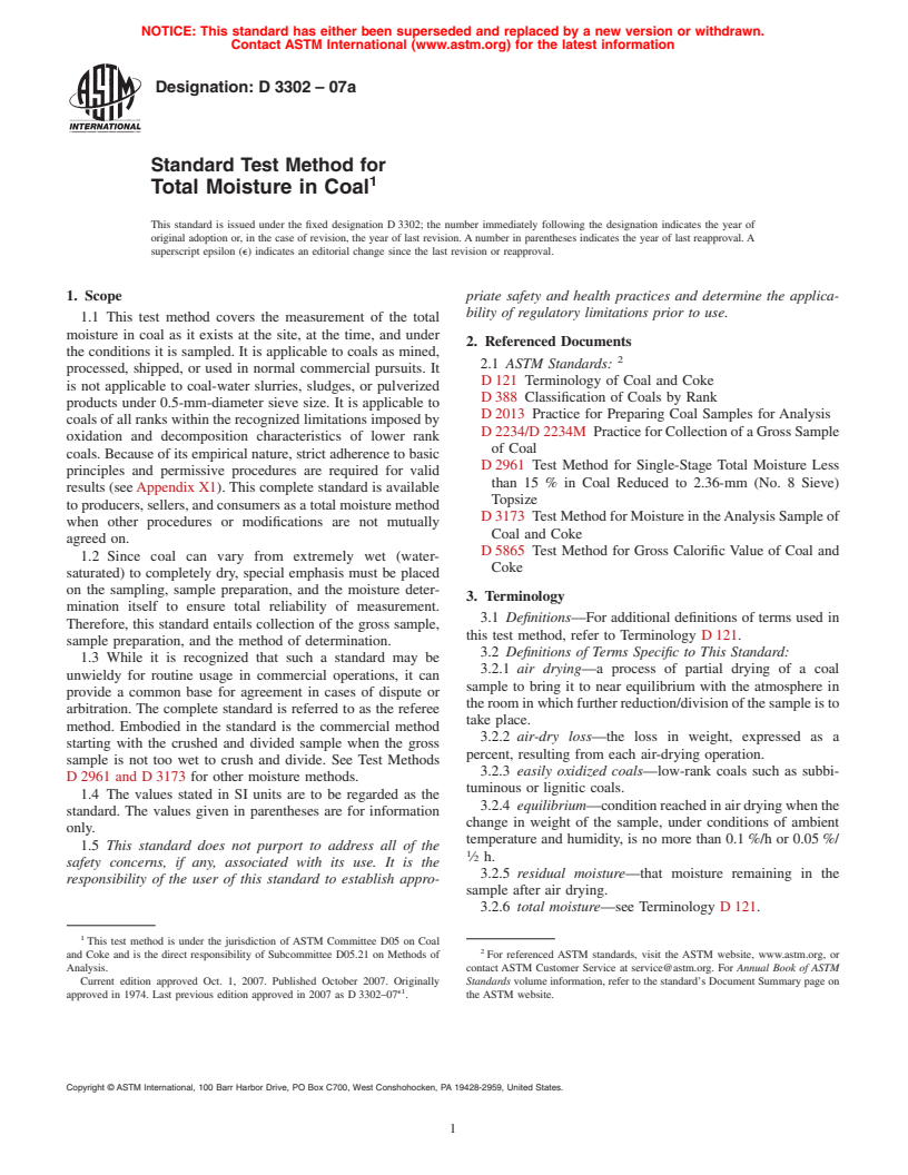 ASTM D3302-07a - Standard Test Method for Total Moisture in Coal