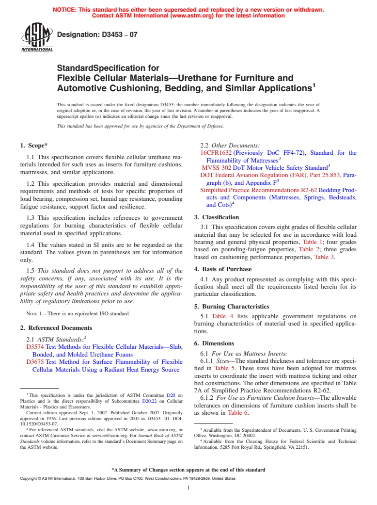 ASTM D3453-07 - Standard Specification for Flexible Cellular Materials-Urethane for Furniture and Automotive Cushioning, Bedding, and Similar Applications