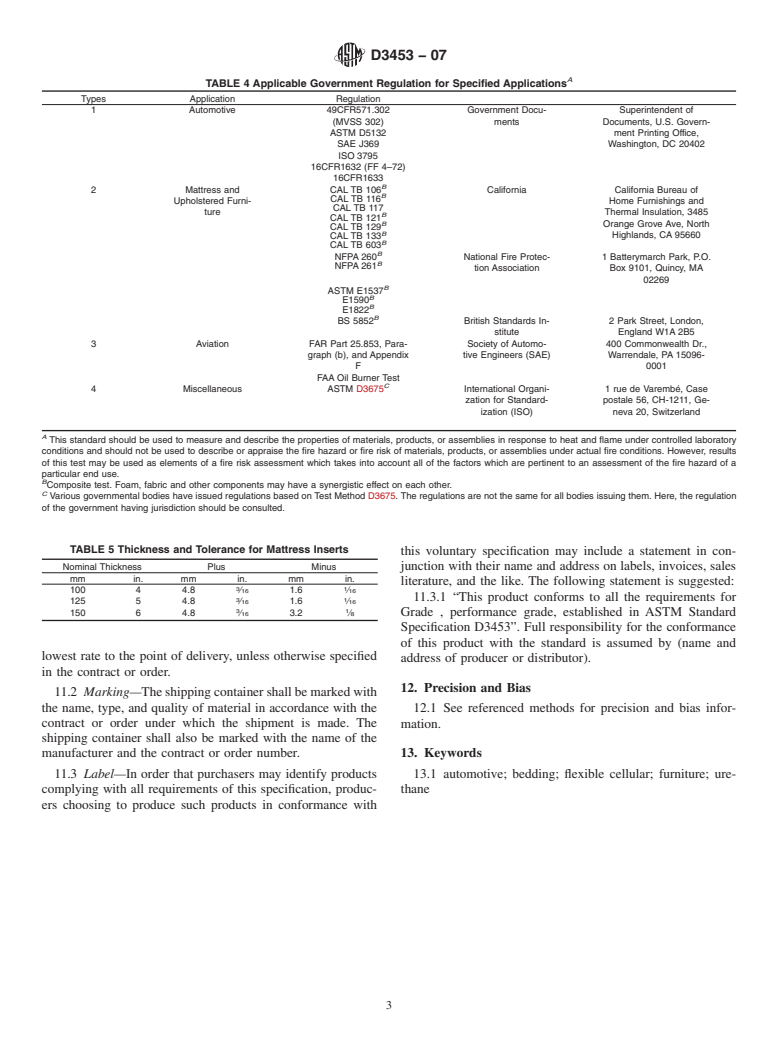 ASTM D3453-07 - Standard Specification for Flexible Cellular Materials-Urethane for Furniture and Automotive Cushioning, Bedding, and Similar Applications