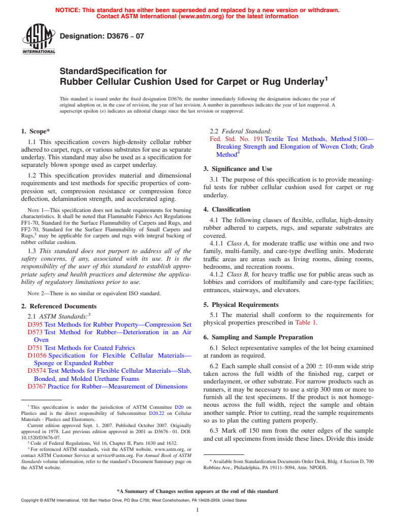 ASTM D3676-07 - Standard Specification for Rubber Cellular Cushion Used for Carpet or Rug Underlay