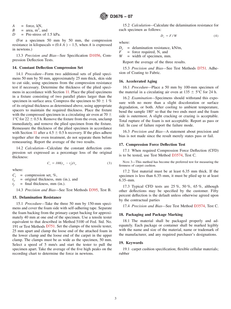 ASTM D3676-07 - Standard Specification for Rubber Cellular Cushion Used for Carpet or Rug Underlay