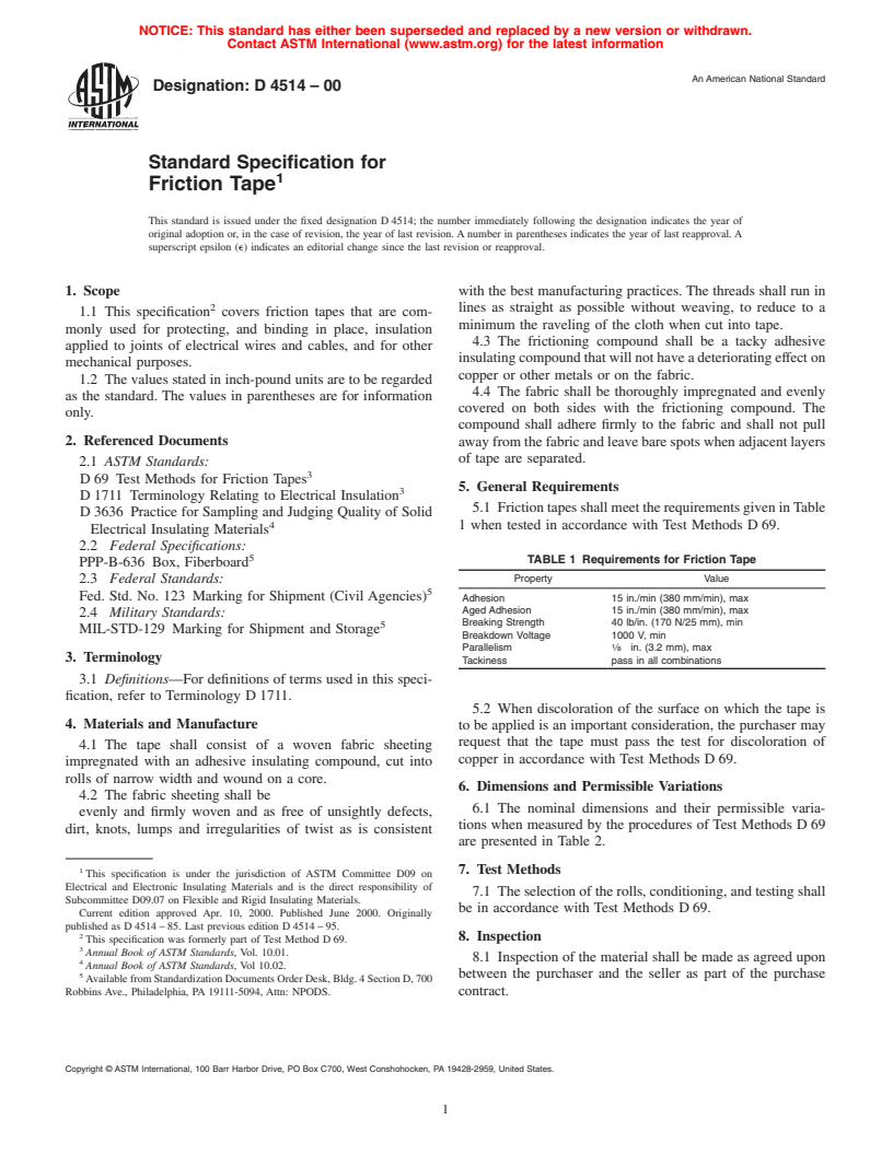 ASTM D4514-00 - Standard Specification for Friction Tape