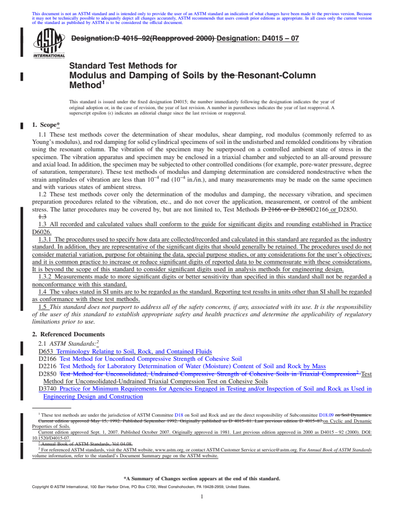 REDLINE ASTM D4015-07 - Standard Test Methods for Modulus and Damping of Soils by Resonant-Column Method