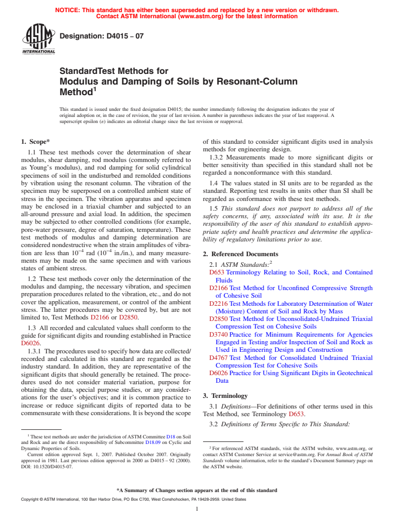 ASTM D4015-07 - Standard Test Methods for Modulus and Damping of Soils by Resonant-Column Method