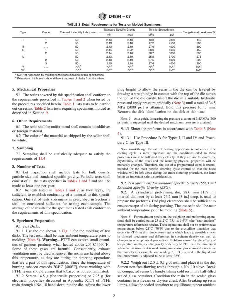 ASTM D4894-07 - Standard Specification for Polytetrafluoroethylene (PTFE) Granular Molding and Ram Extrusion Materials