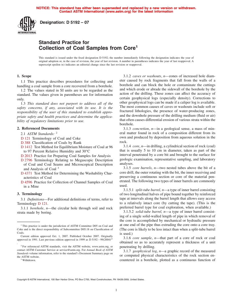 ASTM D5192-07 - Standard Practice for Collection of Coal Samples from Core