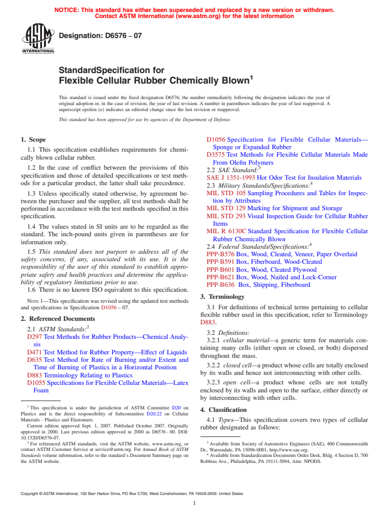 ASTM D6576-07 - Standard Specification for Flexible Cellular Rubber Chemically Blown