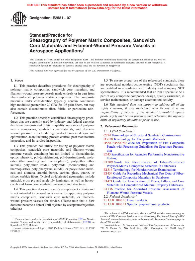 ASTM E2581-07 - Standard Practice for Shearography of Polymer Matrix Composites, Sandwich Core Materials and Filament-Wound Pressure Vessels in Aerospace Applications