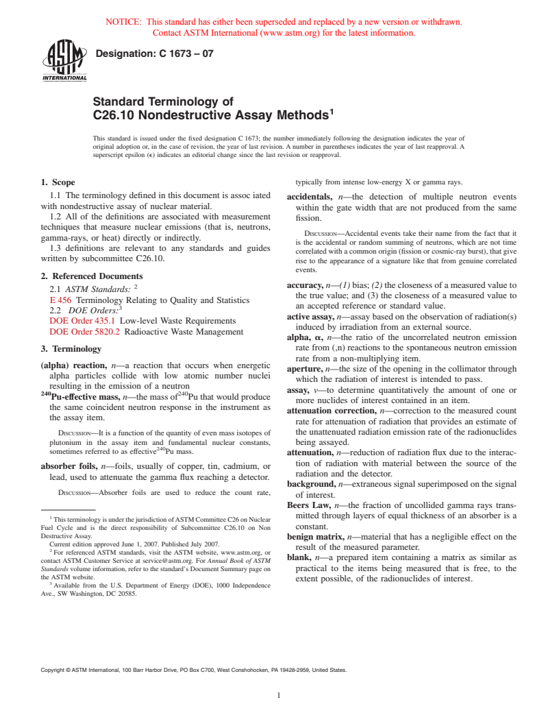 ASTM C1673-07 - Standard Terminology of C26.10 Nondestructive Assay Methods