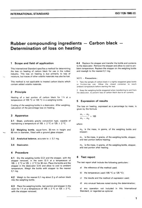 ISO 1126:1985 - Rubber compounding ingredients -- Carbon black -- Determination of loss on heating