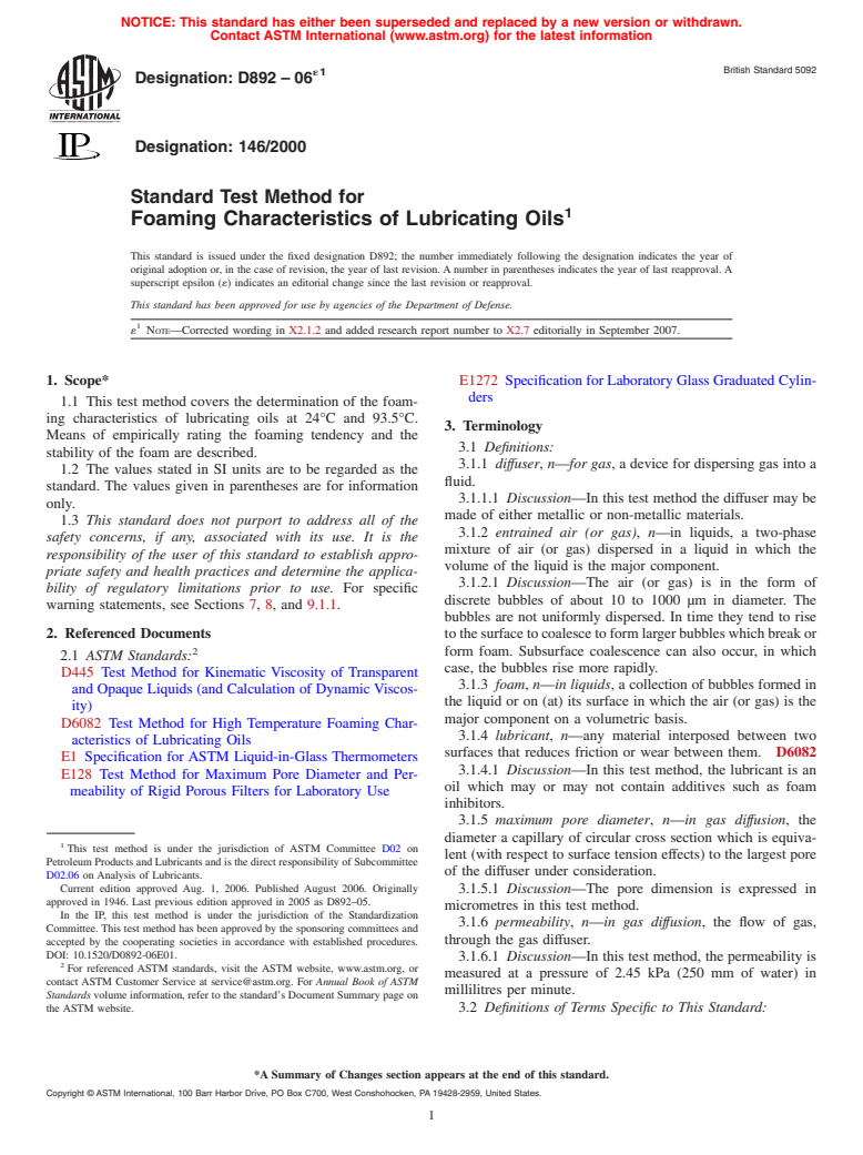 ASTM D892-06e1 - Standard Test Method for Foaming Characteristics of Lubricating Oils