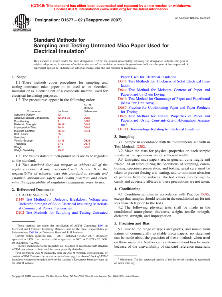 ASTM D1677-02(2007) - Standard Methods for Sampling and Testing Untreated Mica Paper Used for Electrical Insulation