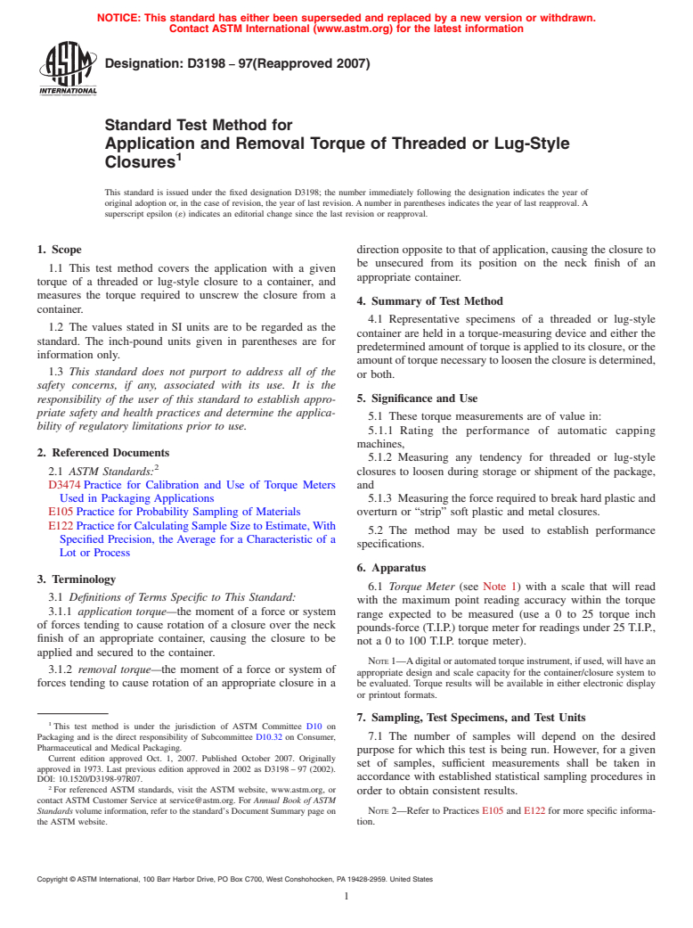 ASTM D3198-97(2007) - Standard Test Method for Application and Removal Torque of Threaded or Lug-Style Closures (Withdrawn 2016)