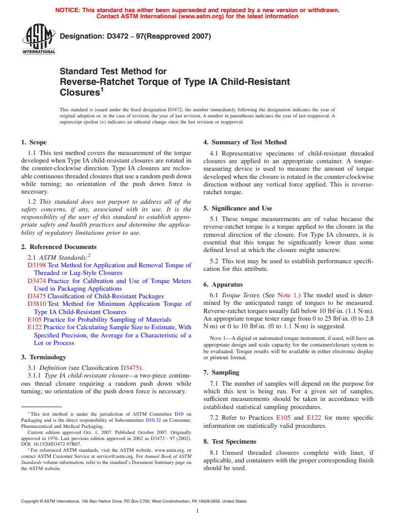 ASTM D3472-97(2007) - Standard Test Method for Reverse-Ratchet Torque of Type IA Child-Resistant Closures (Withdrawn 2016)