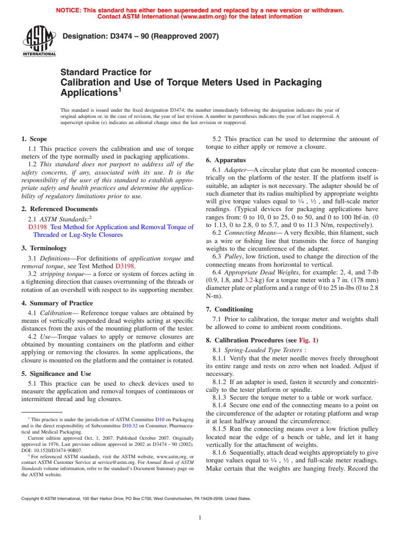 ASTM D3474-90(2007) - Standard Practice for Calibration and Use of Torque Meters Used in Packaging Applications