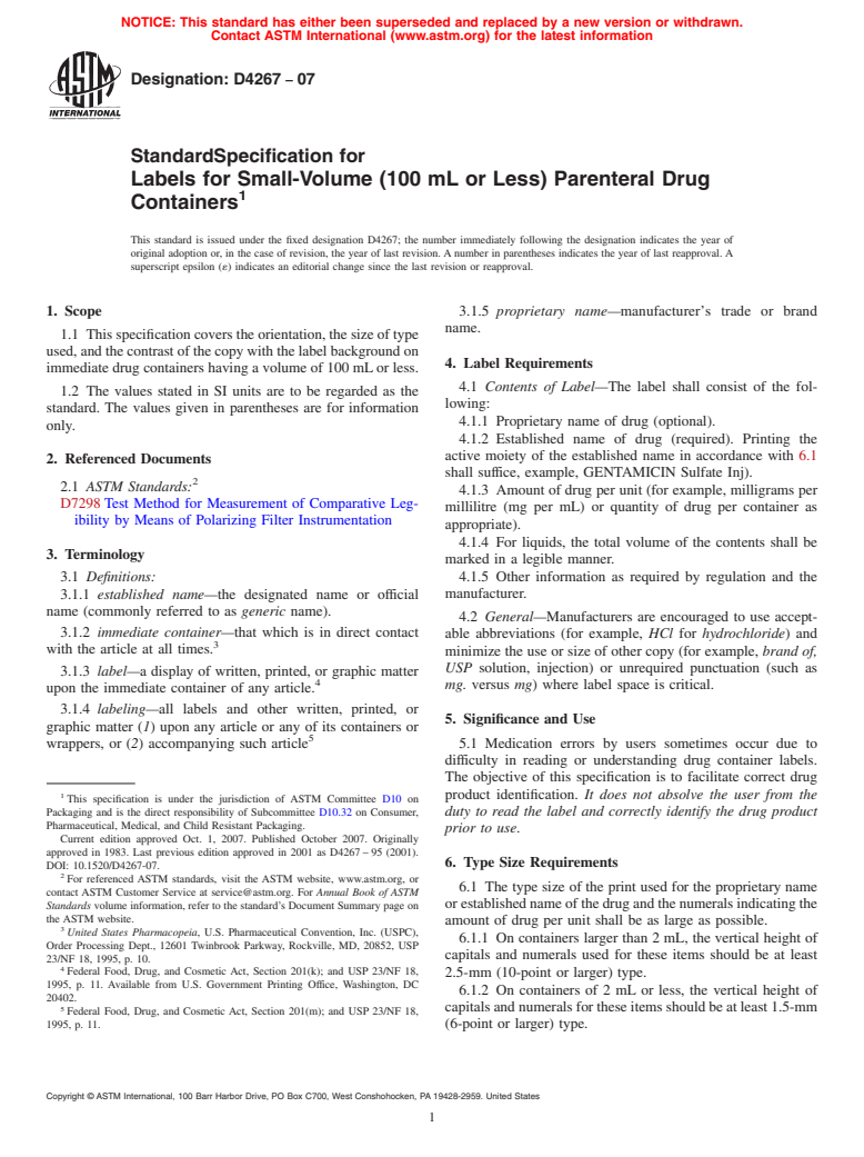 ASTM D4267-07 - Standard Specification for Labels for Small-Volume (100 mL or Less) Parenteral Drug Containers