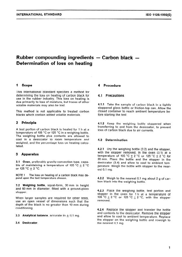ISO 1126:1992 - Rubber compounding ingredients -- Carbon black -- Determination of loss on heating