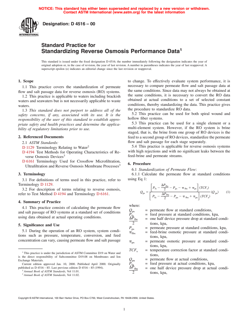 ASTM D4516-00 - Standard Practice for Standardizing Reverse Osmosis Performance Data