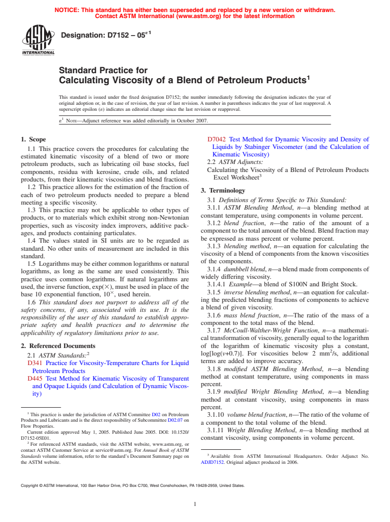 ASTM D7152-05e1 - Standard Practice for Calculating Viscosity of a Blend of Petroleum Products