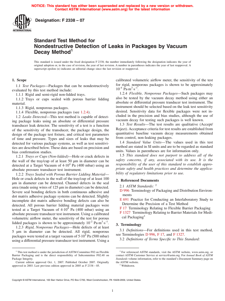 ASTM F2338-07 - Standard Test Method for Nondestructive Detection of Leaks in Packages by Vacuum Decay Method