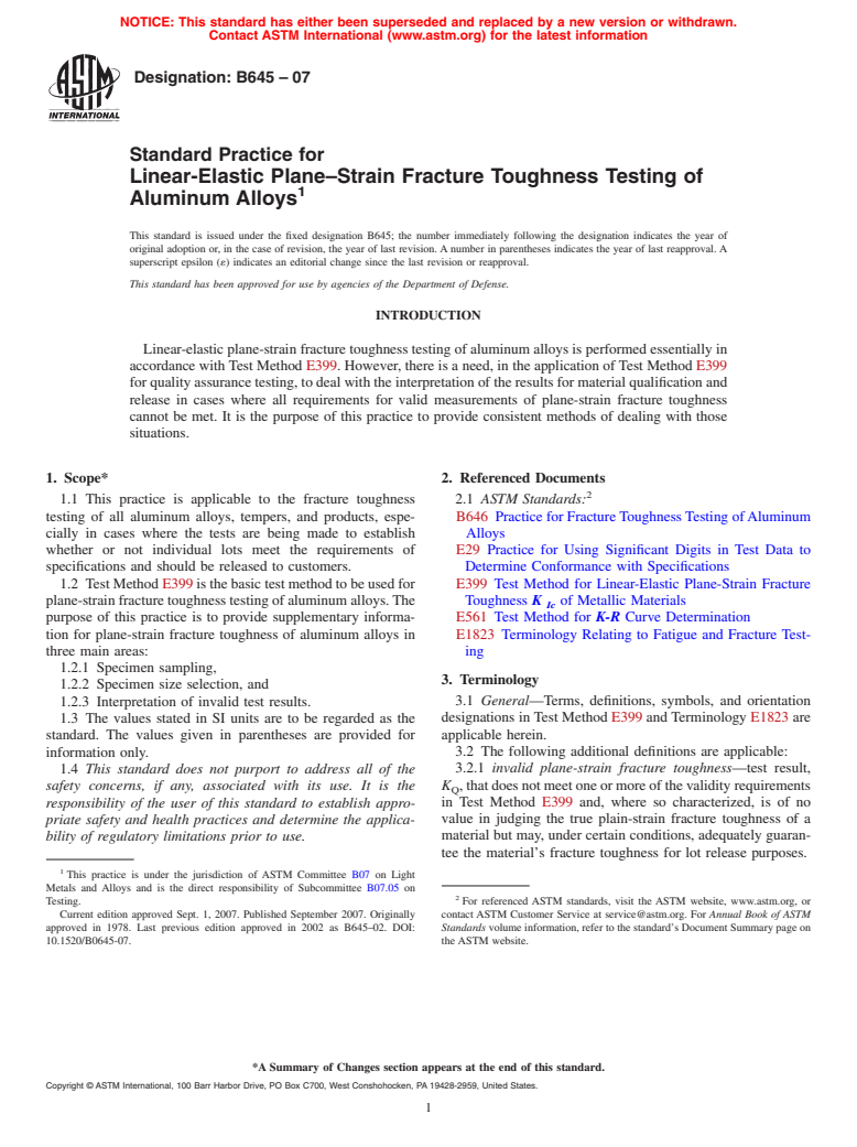 ASTM B645-07 - Standard Practice for Linear-Elastic Plane-Strain Fracture Toughness Testing of Aluminum Alloys