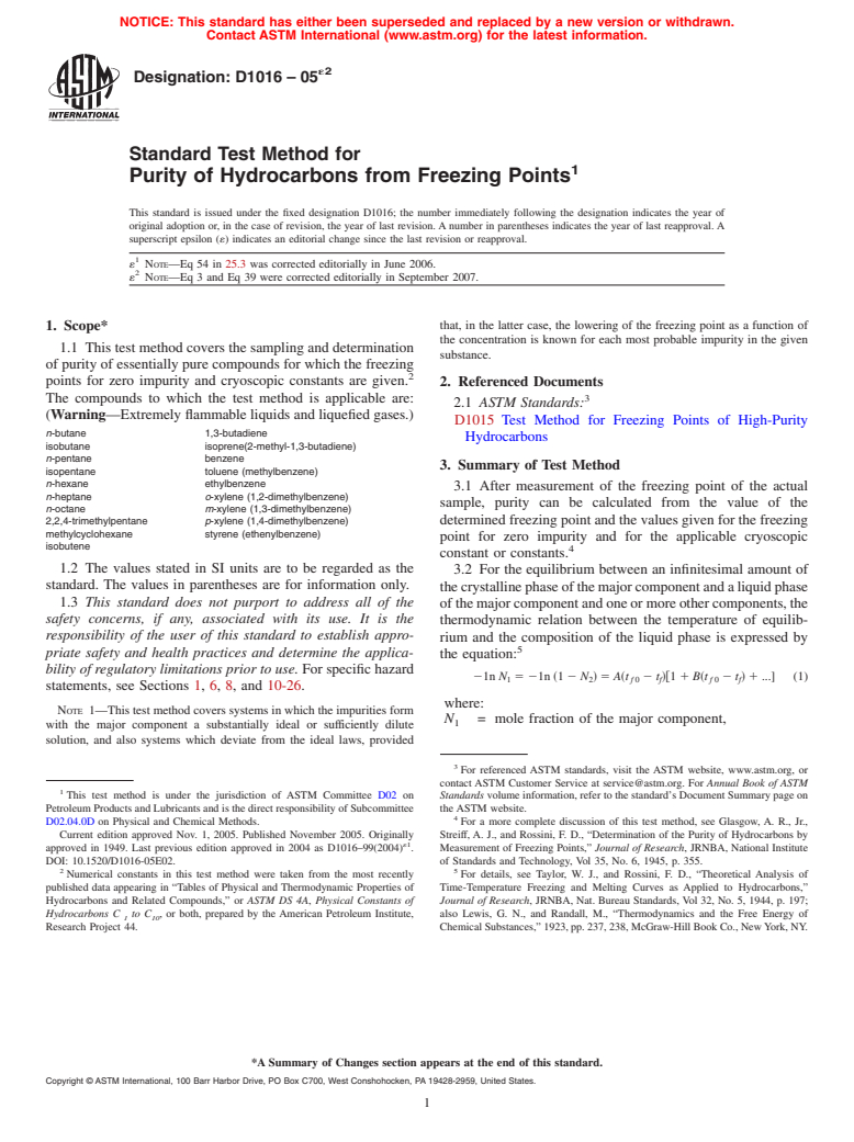 ASTM D1016-05e2 - Standard Test Method for Purity of Hydrocarbons from Freezing Points