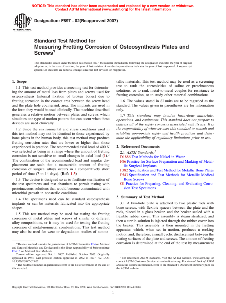 ASTM F897-02(2007) - Standard Test Method for Measuring Fretting Corrosion of Osteosynthesis Plates and Screws