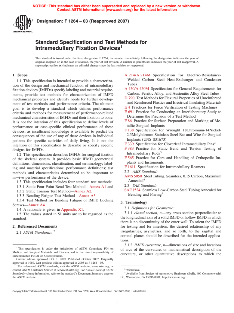 ASTM F1264-03(2007) - Standard Specification and Test Methods for Intramedullary Fixation Devices