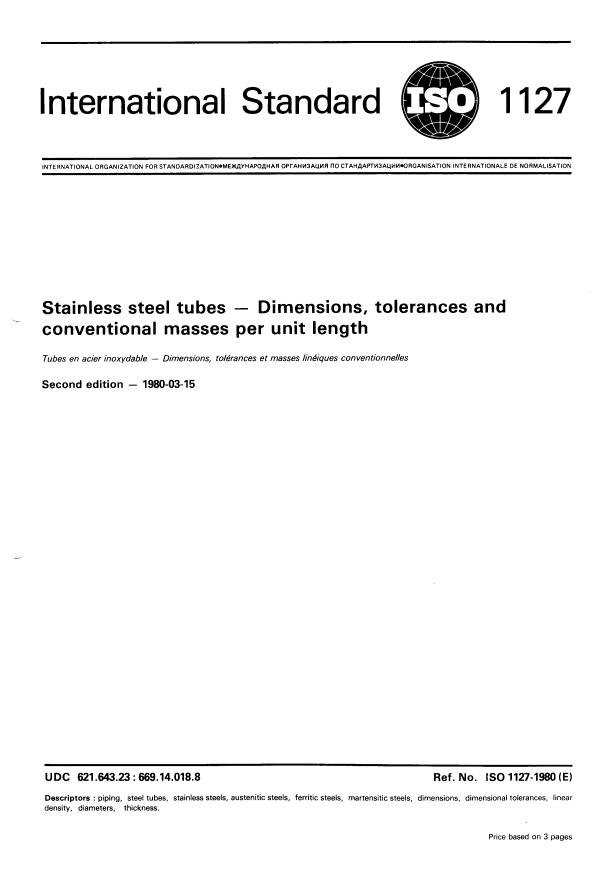 ISO 1127:1980 - Stainless steel tubes -- Dimensions, tolerances and conventional masses per unit length